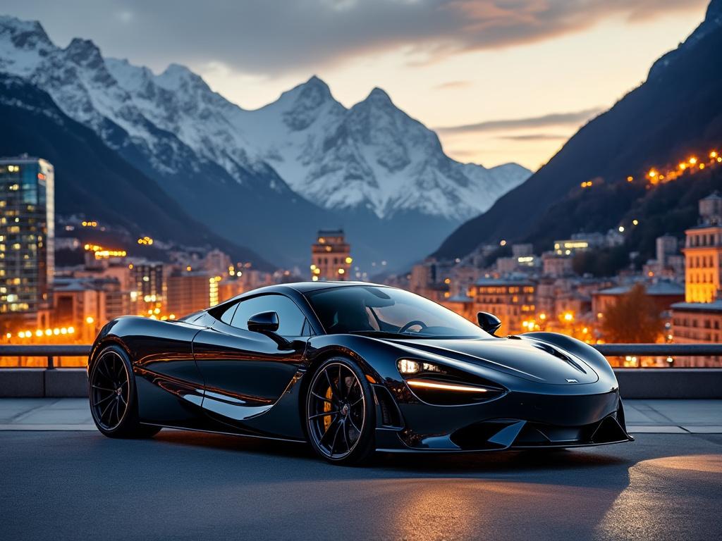 Voiture de sport noire devant montagnes enneigées au crépuscule.